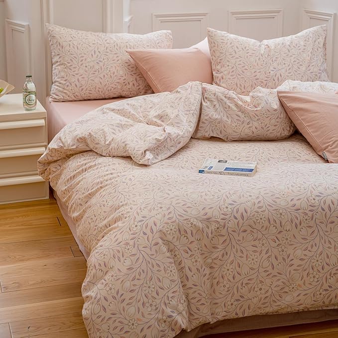EAVD Pink Botanical Duvet Cover Queen - Soft 100% Cotton Garden Floral Tree Branches Pattern Bedding Set with 2 Pillowcases Vintage Style Comforter Cover with Zipper Closure