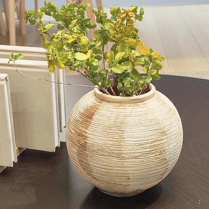 Rustic Ribbed Vase Home Decor - 6.3 in Ceramic Vintage Farmhouse Vases for Decor, Decorative Terracotta Round Bowl vase for Living Room, Table, Shelf, Kichen Decor