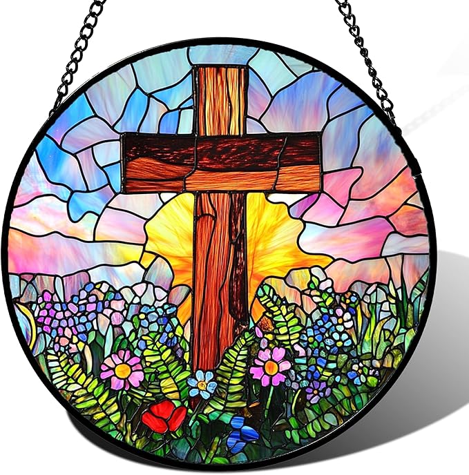 Christian Gifts for Women - Cross Stained Glass Window Hanging Jesus Easter Colorful Wildflowers Sun Catcher Garden Religion Decor Mother's Day Catholic Gift for Men Grandma Mom Her 15"