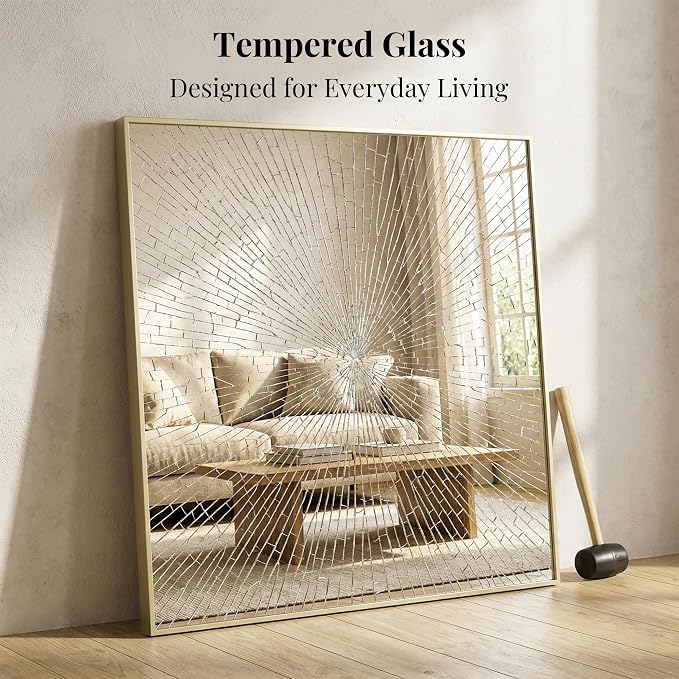 36"x36" Square Gold Bathroom Mirror, Shatterproof Tempered Glass, Brass Tone Large Geometric Mirror, Ultra-Flush Wall-Mounted