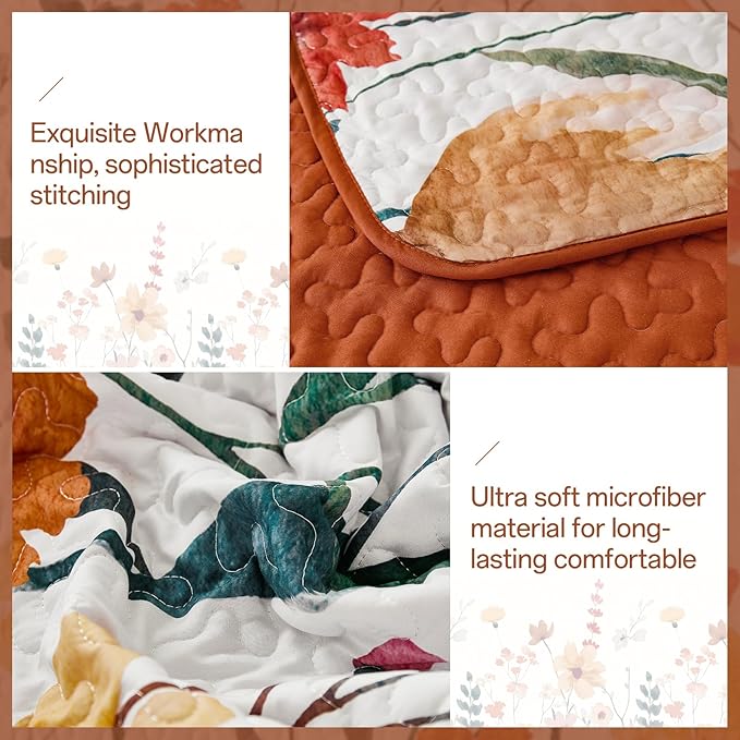 Anibedding Floral Quilt Set King Size, Burnt Orange Bedspread with 2 Pillowcases, Soft Microfiber Lightweight Coverlet Bedding Set for All Season(104"x90")
