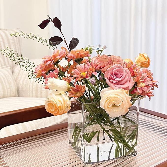 2 Pack Acrylic Cube Vases 5 X 5 Inch, Clear Square Vases, Shatterproof Flower Vase Decorative Centerpiece for Home, Wedding