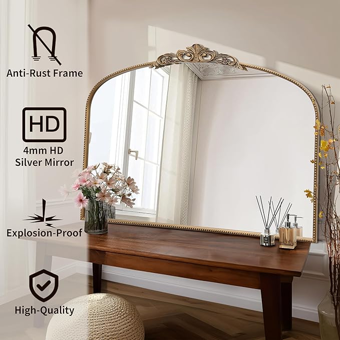 Micasso Large Vintage Gold Mirror: 48"x33" French Baroque Antique Arched Mirror - Traditional Ornate Decorative for Wall/Fireplace/Mantel/Entryway/Bathroom/Hallway - Home Decor for Living Room