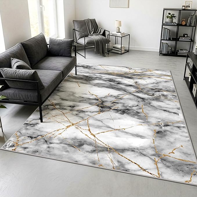 Merelax 5x8 Rug for Bedroom Livingroom - Washable Non-Slip Large Area Rug, Indoor Floor Carpet Low Pile Soft Rug for Dining Room, Mudroom, Modern Aesthetic Abstract Geometric Decor, Grey/Gold