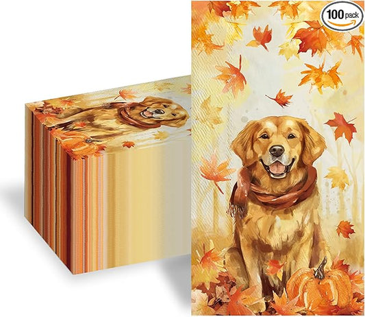 100pcs Maple Leaves Golden Retriever Napkins 3-Ply Thanksgiving Napkins for Decoupage Disposable Guest Hand Towels for Bathroom Home Kitchen Table Harvest Party