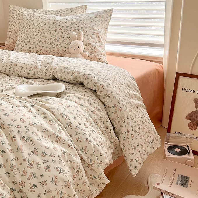 HighBuy Boho Floral Duvet Cover Twin XL White Cotton Coquette Comforter Quilt Duvet Covers with Pink Floral,Garden Floral Bedding Set Twin XL Lightweight Soft Cottagecore Duvet Cover Sets Cute