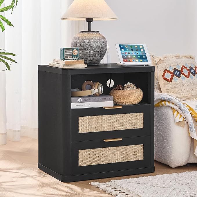 LEYAOYAO Rattan Nightstands with Charger Station, 23" Wide Boho Night Stand with 2 Drawers, Black Bedside Table Open Shlef, Bed Side End Table Dresser for Bedroom, Living Room Hallway