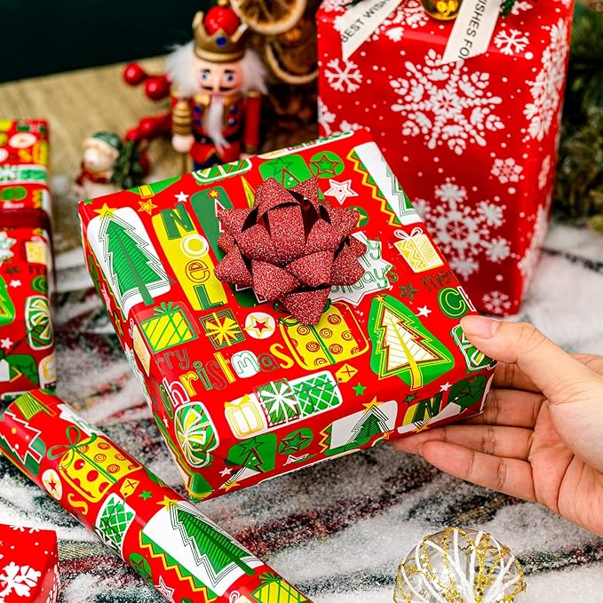 MAYPLUSS Christmas Wrapping Paper Roll, Red and Green Christmas Tree Wrapping Paper, Reversible Modern Holiday Gift Wrap with Trees Presents Snowflakes for Festive Gift Packaging (17 Inch X 33 Feet)