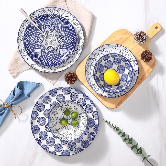 Selamica Ceramic Plates and Bowls Sets,12 Pieces Dinnerware Sets for 4,Scratch Resistant Dish Set,Dishwasher & Microwave Safe, Vintage Blue