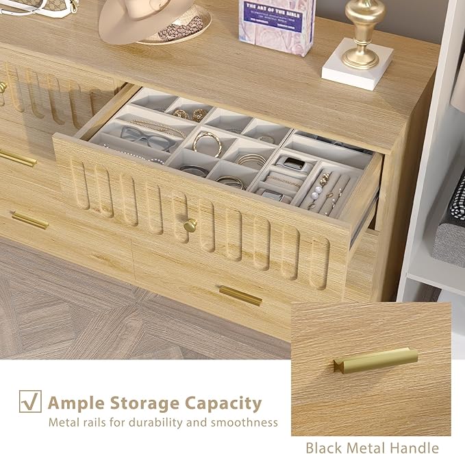 IBF Modern Fluted 6 Drawer Dresser for Bedroom, Fluted 55 Inch Chest of Drawers for Kid Adult Closet, Large Wood Clothes Storage Dresser with Anti-Tipping Device for Living Room Hallway, Oak