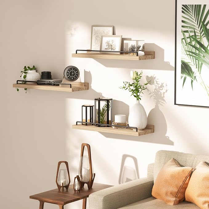 RYOFOBETTO Floating Shelves for Wall Decor, Light Brown Wood Shelves for Bathroom, Living Room, Bedroom, Picture Frames, Plants, Kitchen (Set of 3)