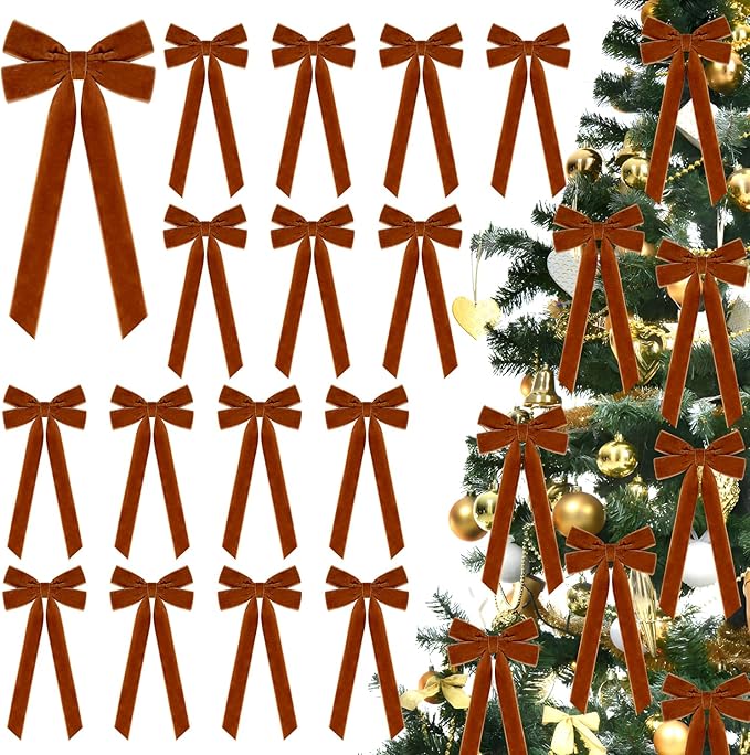 JOICEE 15Pcs Velvet Christmas Bows, 5 x 12 Inch Christmas Tree Wreath Bows Vintage Rustic Ribbon Bows for Garland Home Decorations Xmas Wedding Holiday Indoor Outdoor Decor(Brown)
