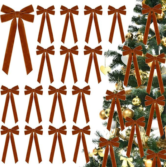 JOICEE 15Pcs Velvet Christmas Bows, 5 x 12 Inch Christmas Tree Wreath Bows Vintage Rustic Ribbon Bows for Garland Home Decorations Xmas Wedding Holiday Indoor Outdoor Decor(Brown)