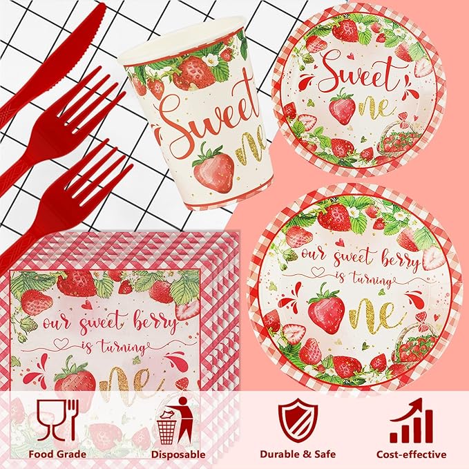 120 PCS 1st Birthday Decor, A Berry Sweet Girl is Turning One Disposable Tableware for Bday Thanksgiving Christmas, Strawberry Sweet One Birthday Tableware Set Plates Napkins Cups Knives Forks for 20