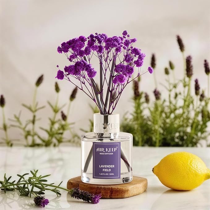 Airkeep Reed Diffuser Set,1.69 fl oz (50 ml) - Lavender Field Oil Diffusers with 8 Reed Sticks,Home Fragrance Reed Diffuser for Bathroom Shelf Decor