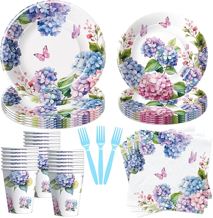 Hydrangea Floral Plates and Napkins Party Supplies - Paper Plate, Cup, Napkin, Fork - Flower Hydrangea Birthday, Bridal, Baby Shower, Wedding Decorations | Serve 24