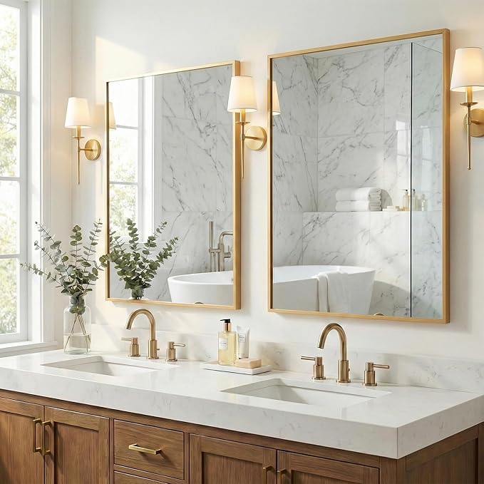2-Pack 24"x36" Vintage Gold Bathroom Mirror, Antique Brass Deep-Set Metal Frame, Heavy-Duty Rectangular Wall Mirror, Traditional Bedroom & Mantel Decor