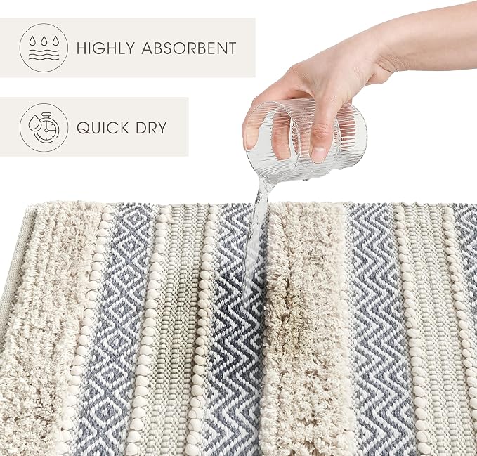 Ink+Ivy Bath Rug Hand-Woven Texture Shaggy Striped Soft & Water Absorbent, Boho Bathroom Décor Bath-Mats, Non-Slip Absorbent Quick Dry Mats for Tub, Shower Room, Asher, 22x58 Grey