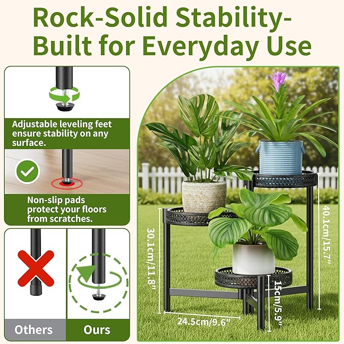 Metal Plant Stand Indoor Outdoor, 3 Tier Corner Tall Plant Shelf for Multiple Plants, Tiered Plant Stand, Heavy Duty Flower Plant Holder, Folding Tall Rack for Garden Patio Lawn Balcony - BlackWave
