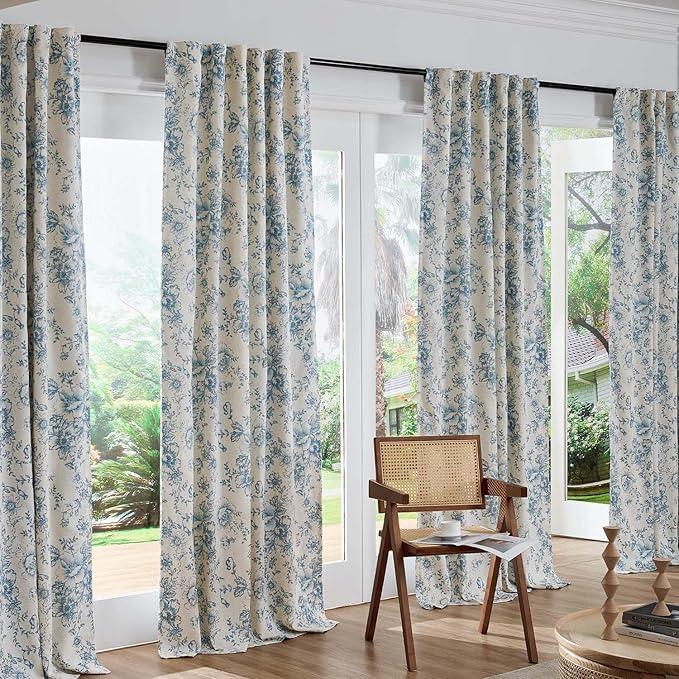 jinchan Blackout Linen Blend Curtain Floral Blackout Curtains for Living Room 96 Inch Length Blue Printed with Lined Blackout Curtain for Bedroom Farmhouse Curtains Set 2 Panels