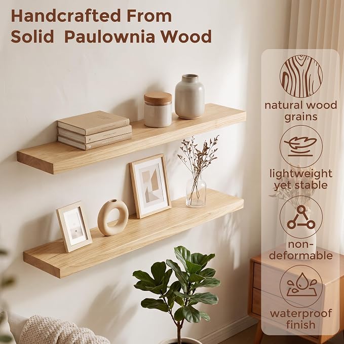fuqing 40 Inch Floating Shelves | 6.7 Inch Deep Natural Wood Shelves Set of 2 | 40''W x 6.7''D x 1.4''H Natural Wood Floating Shelves for Living Room Bathroom Bedroom Kitchen Home Office