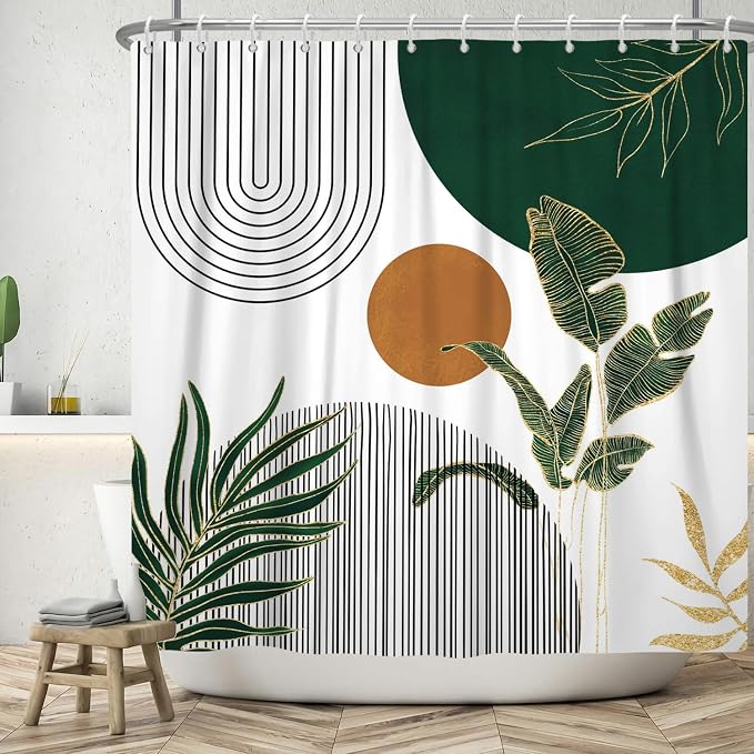 Mid Century Boho Modern Shower Curtain for Bathroom Abstract Sun Arch Geometric Leaves Minimalist Shower Curtain Set Waterproof Polyester Fabric 66x72 Inches