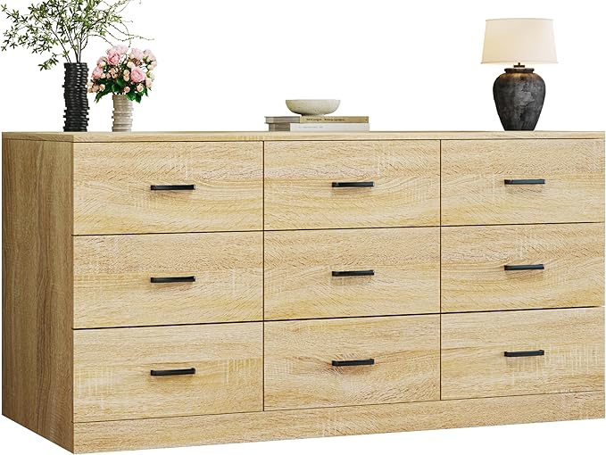 9 Drawer Dresser for Bedroom, 60'' Long Mid Century Modern Dressers TV Stand, Wood Vintage Chests of Drawers, Large Storage Organizer for Bedroom, Closet, Entryway, Natural Oak