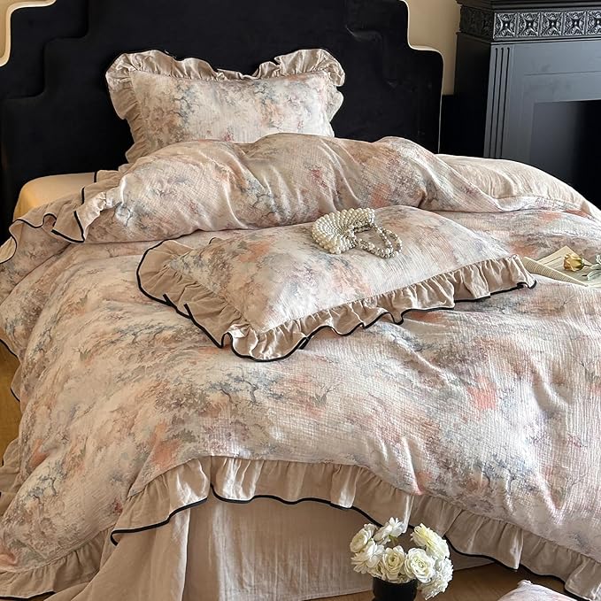 HighBuy Ruffle Duvet Cover Queen Size,Vintage Beige Botanical 100% Muslin Yarn-Dyed Linen Bedding Set for Women Girls,Farmhouse Bedding Super Soft Comfortable Boho Chic Lightweight 3 Pieces