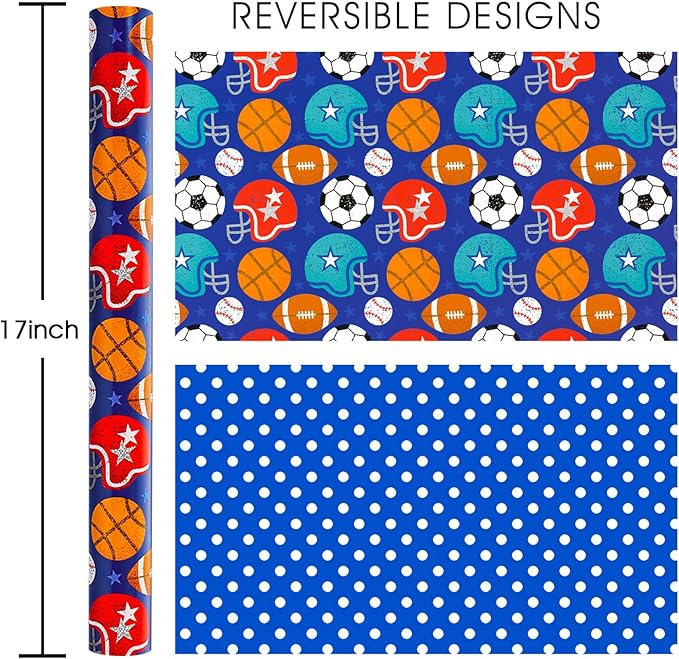Homeral Football Reversible Wrapping Paper Roll - Mini Roll -17 Inch x 16.5 Feet, Sport Theme Gift Wrap for Boys Birthday, holiday, Game Lovers