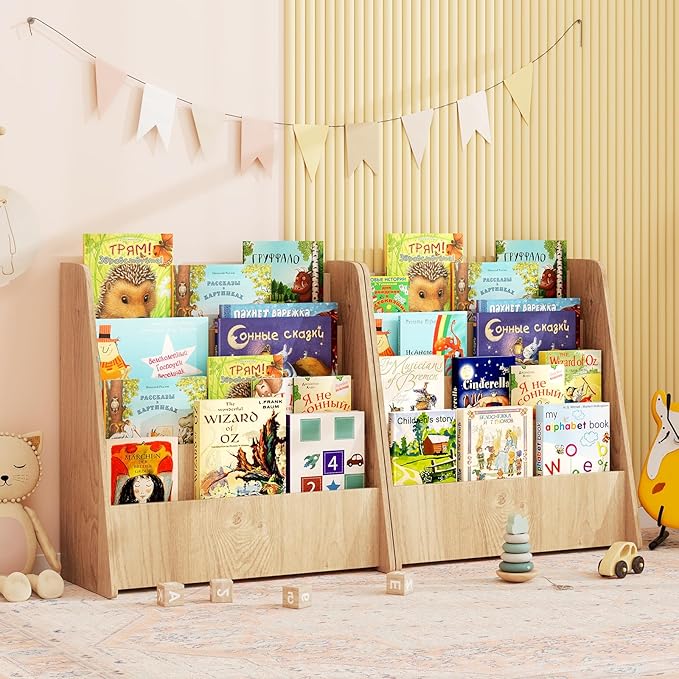 Costzon 4-Tier Kids Bookshelf, Front Facing Children Bookcase with Deep Compartments, Magazine Storage Rack for Kids Bedroom, Playroom, Nursery, Classroom, Kindergarten (Natural)