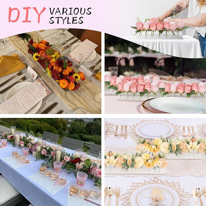 PaulTellie Acrylic Flower Vase Rectangular 4 Pack - Clear Floral Centerpiece for Dining Table Each 14 Inches, Connect to Form 56 Inches Long Rectangle Acrylic Vase for Home Wedding Dining Table Decor