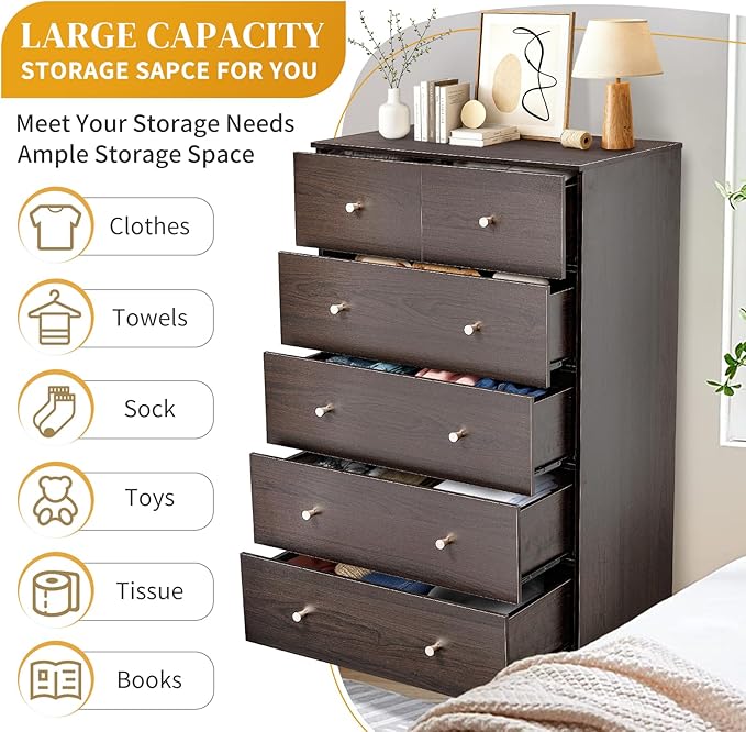 Karl home Brown 6 Drawer Dresser for Bedroom, Modern Wood Dresser Chest of Drawers, Bedroom Modern Nightstand, Anti-Tipping Device, Rose Gold Metal Handle, Living Room, Hallway, Office