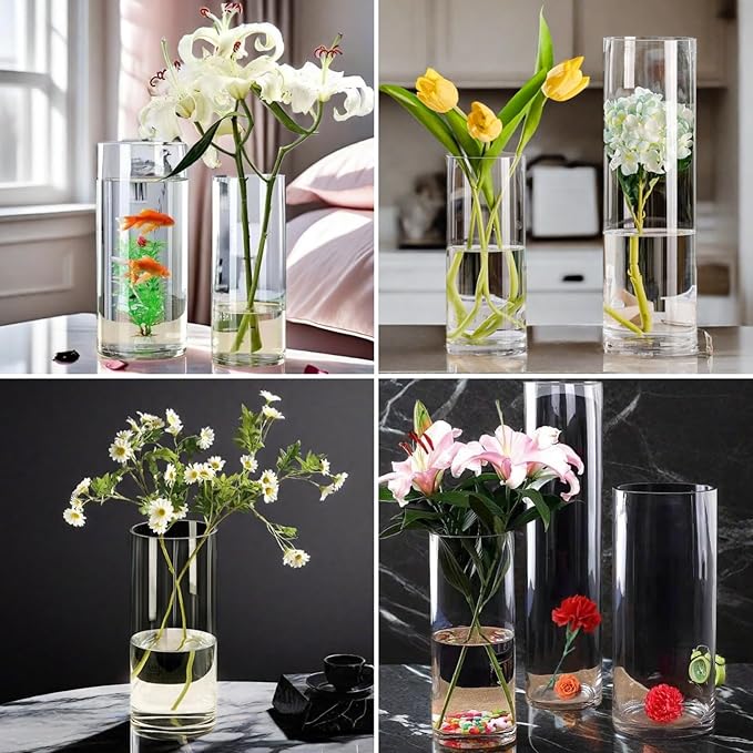 4 Pcs Acrylic Clear Cylinder Flower Vase for Plants Bouquet, Unbreakable Hurricane Tall Large Plastic Vases for Wedding Decor, High Hydroponic Floor Vase (H 10" + H 12" 2 Each No Flowers)