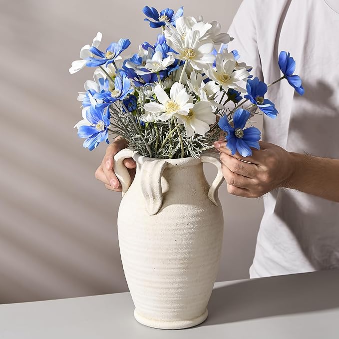 Handmade Ceramic Vase with 4 Handles, 10.83" Tall Farmhouse Rustic Vase, Decorative Pottery Flower Vases for Home Decor, Wedding, Living Room, Table, Shelf Decor, White