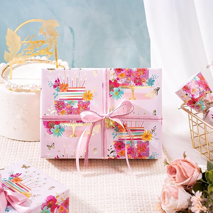 WRAPAHOLIC Foil Pink Birthday Wrapping Paper - Mini Roll - 17 Inch x 16.5 Feet - Floral Cake Wrapping Paper for Kids Girls Women Birthday, Baby Shower, Bridal Shower, Wedding