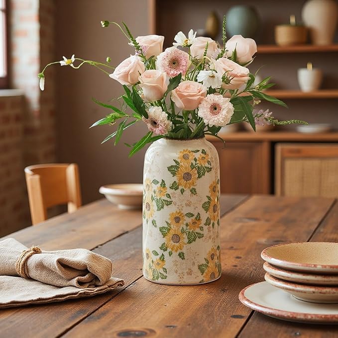 Vintage Pastoral Ceramic Vase, 10.6 inch Yellow and Beige Sunflower Floral Rustic Farmhouse Antique Retro Ice Cracked Chinoiserie Vases for Home Decor Living Room Tuscan Decor (Large)