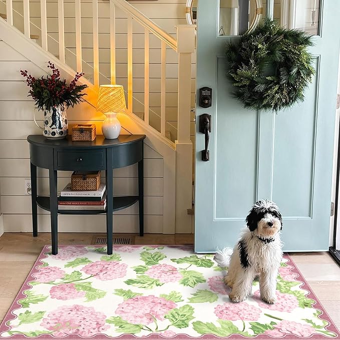 3x5 Entryway Rug - Small Washable Indoor Outdoor Mats for Front Door Non-Slip Porch Rug Boho Pink Floral Throw Rugs for Living Room Girls Bedroom Entryway Kitchen Office Front Porch Decor
