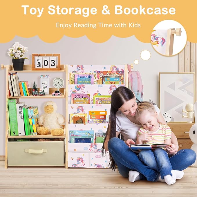 Kids Bookshelf and Toy Storage Organizer Wooden 2 in 1 Toddler Bookcase-4 Tier Book Shelf with Toy Box for Kids Room,Nursery,Playroom