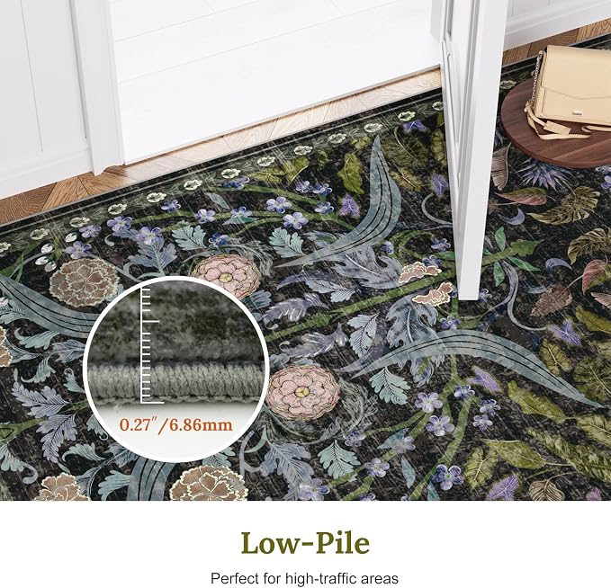 AMTOVO 2x6 Runner Rug for Hallway, Washable Non-Slip Long Kitchen Carpet, Floral Vintage Distressed Floor Mat for Hallways Entryway Living Room Laundry Room Bathroom Farmhouse, Black