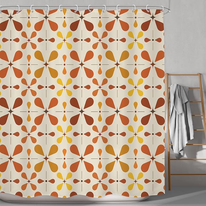 Boho Mid Century Orange Shower Curtain Bathroom Set 71Wx71H Inches Modern Red Abstract Water Drop Bohemian Vintage Colourful Geometry Bath Accessories Retro Art Home Decor Fabric 12 Pack Hooks