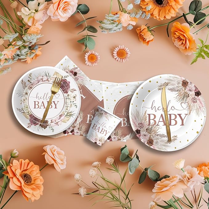Boho Baby Shower Decorations Party Tableware - Boho Floral Pampas Grass Baby Girl Decorations, Paper Plate, Napkin, Cup, Disposable Cutlery | 24 Guests
