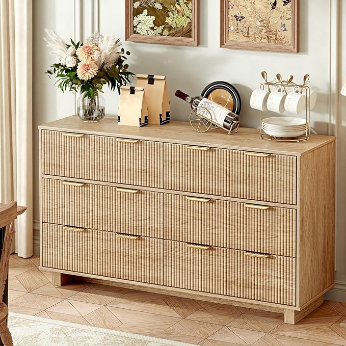 54.72" Modern Chest of Drawer, 6 Deep Drawers,Clothes Organizer,Large Storage Cabinet for Living Room, Bedroom,Dresser TV Stand, Wood Drawer Organizer for Living Room, Hallway, Timber