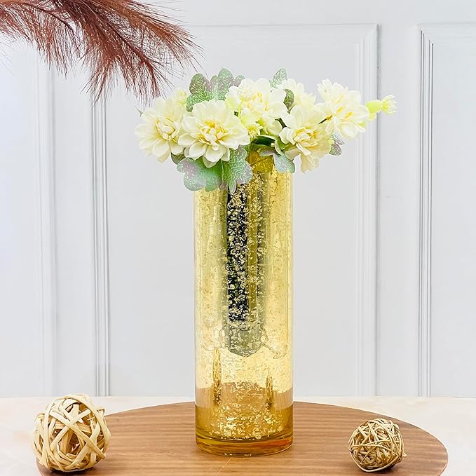 Hosley 12 Inch High Mercury Gold Glass Vase Decorative Glass Hurricane Vase. Ideal for Floral Arrangements Cut Flowers Weddings Aromatherapy DIY Craft Projects Led Lantern Votive Garden Spa