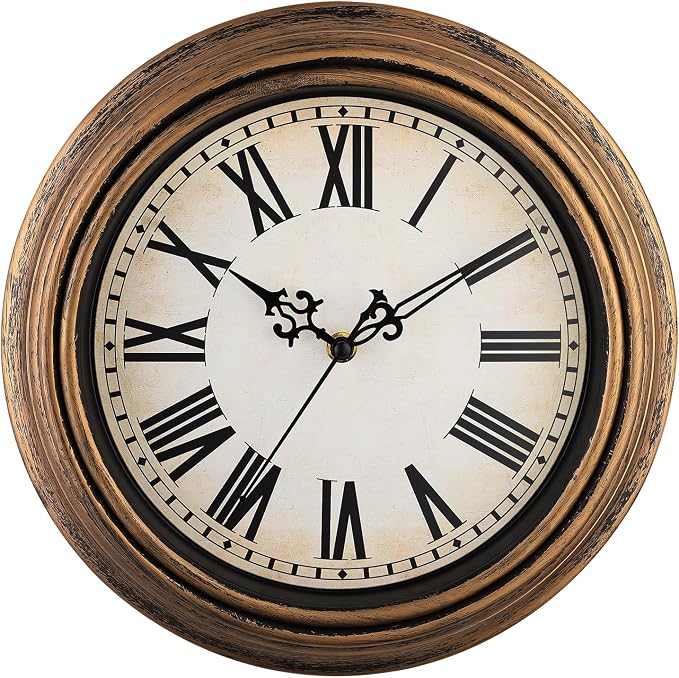 Plumeet Small Retro Wall Clock, 10'' Non Ticking Classic Silent Vintage Wall Clocks Decorative Kitchen Living Room Bedroom, Roman Numerals, Battery Operated