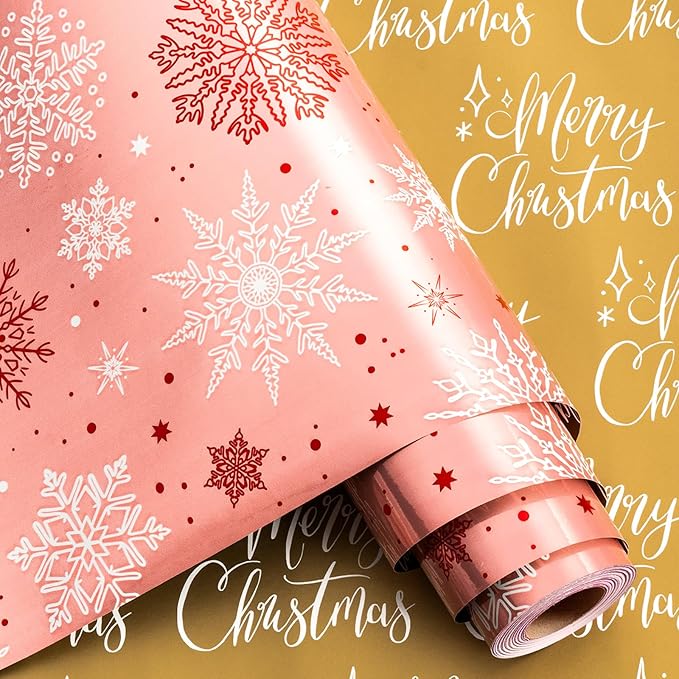 MAYPLUSS Pink Christmas Wrapping Paper Roll - 17IN X 33FT - Christmas Gift Wrapping Paper Featuring White Snowflake Reversible Gold for Kids, Holiday, New Year