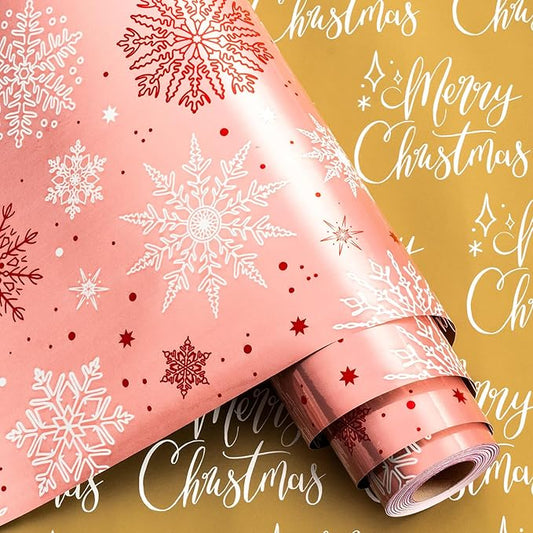 MAYPLUSS Pink Christmas Wrapping Paper Roll - 17IN X 33FT - Christmas Gift Wrapping Paper Featuring White Snowflake Reversible Gold for Kids, Holiday, New Year