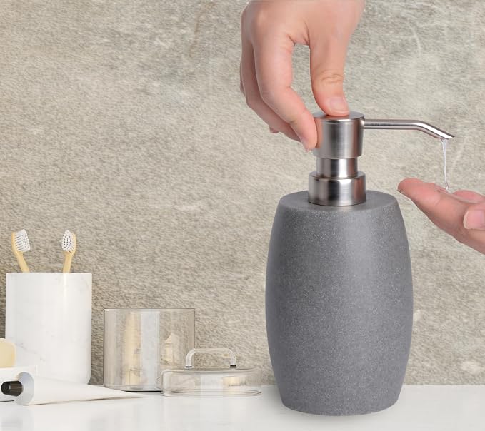 Clasin Home Sandstone Textured Resin Soap Dispenser with Metallic Pump and Waterproof Bottle Labels for Bathroom Kitchen Dish Hand Wash Shower Lotion Shampoo, 12 Oz, Gray
