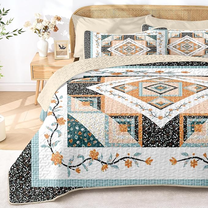 Quilt Set Full/Queen Size, Farmhouse Floral 3 Pcs Soft Bed Cover Bedding Set, Boho Rustic Geometric Lightweight Bedspread Coverlet with 2 Pillow Sham for All Season
