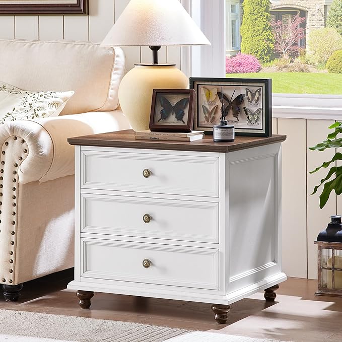 24" Wide Farmhouse Night Stand,Large End Table with 3 Drawers & Metal Handle,White Wood Dresser for Bedroom Cabinet, Bed Side Tabl·e Chest of Drawers,Nightstand for Living Room