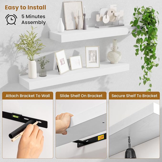 Fun Memories Bathroom Shelves 32 Inch Long Set of 2, Floating Shelves for Wall with Invisible Brackets, for Bedroom, Living Room, Kitchen, White